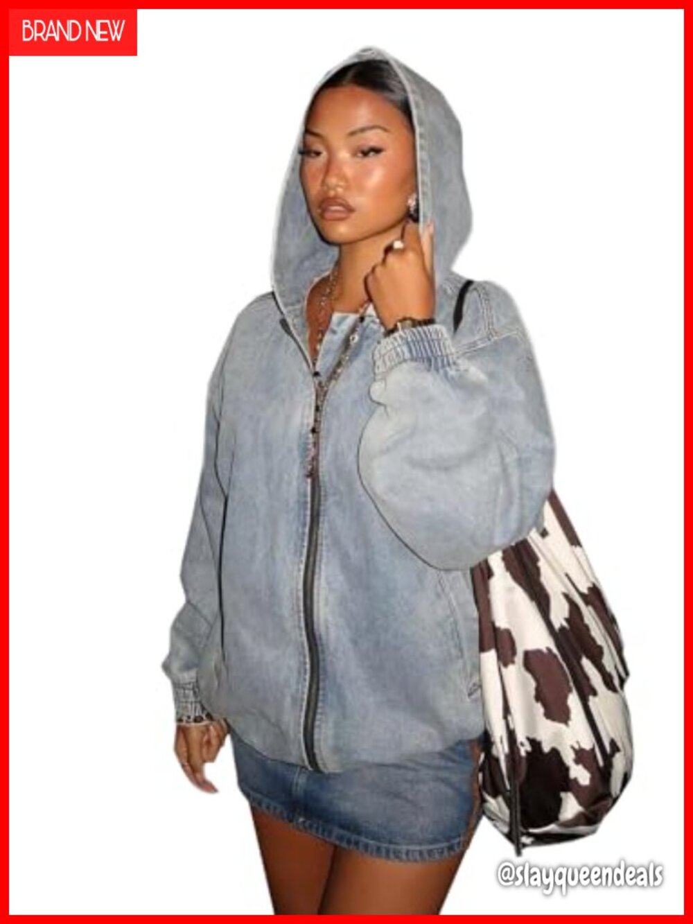 Oversized Hooded Vintage Washed Denim Bomber Jacket Zip Closure